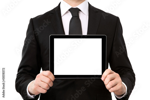 businessman holding a tablet computer with isolated screen