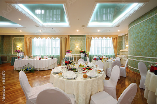 Beautiful hall with in restaurant decorated for wedding