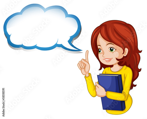 A girl hugging a book with an empty callout