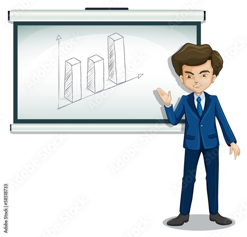 A man standing in front of a bulletin board with a graph