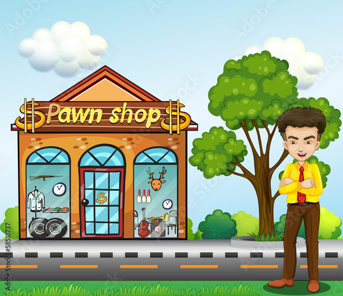 A businessman standing in front of the pawnshop