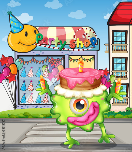 A monster with a cake above the head
