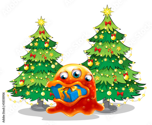 A monster near the pine trees swallowing a gift