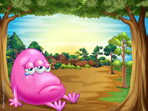 A forest with a sad fat beanie monster