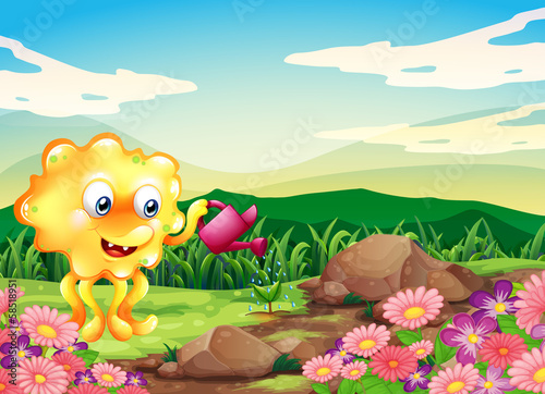 A happy monster watering the plants at the hilltop with flowers