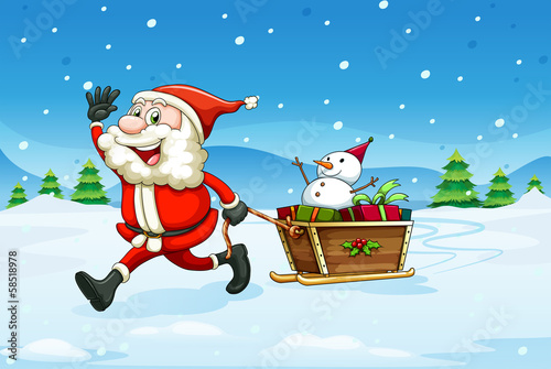 A cheerful Santa with a wooden sleigh