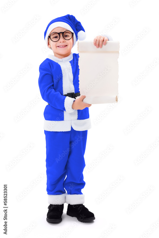 Little blue Santa Claus boy showing wish list Little blue Santa Claus boy showing wish list