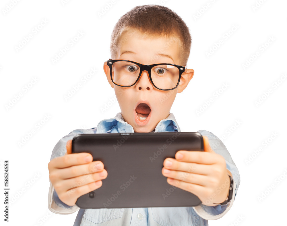 happy boy with tablet. isolated happy boy with tablet. isolated