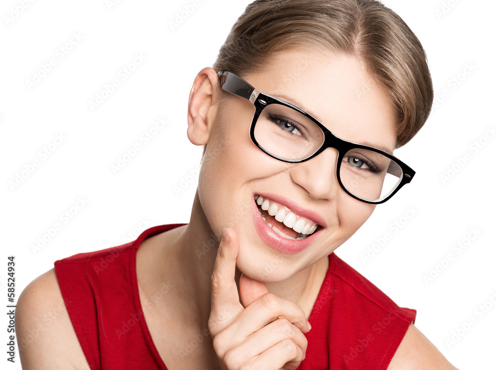 Happy smiling optician woman wearing spectacles, isolated