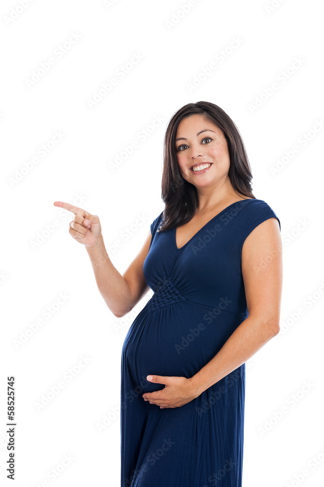 Pregnant woman pointing left isolated on white Pregnant woman pointing left isolated on white