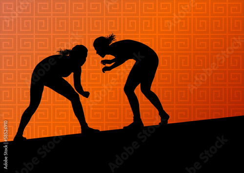 Greek roman wrestling active young women sport silhouettes vecto
