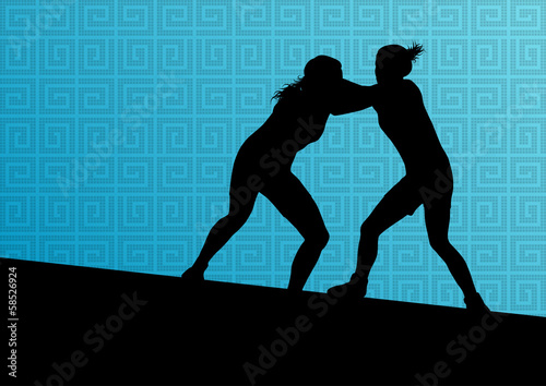 Greek roman wrestling active young women sport silhouettes vecto