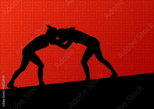Greek roman wrestling active young women sport silhouettes vecto