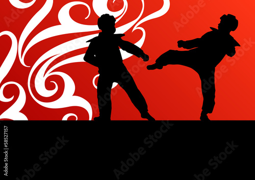 Active tae kwon do martial arts fighters combat fighting and kic