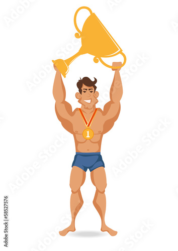 athlete with the cup in his hand and a medal around his neck