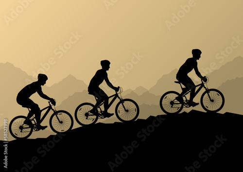 Active men cyclists bicycle riders in wild mountain nature lands