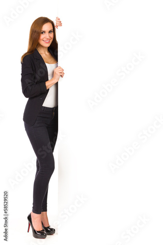 Elegance woman stands with blank banner.