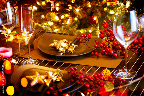 Christmas And New Year Holiday Table Setting. Celebration