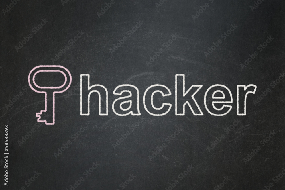 Obraz premium Protection concept: Key and Hacker on chalkboard background