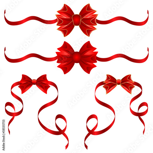 Set of red gift bows with ribbons. Vector illustration.