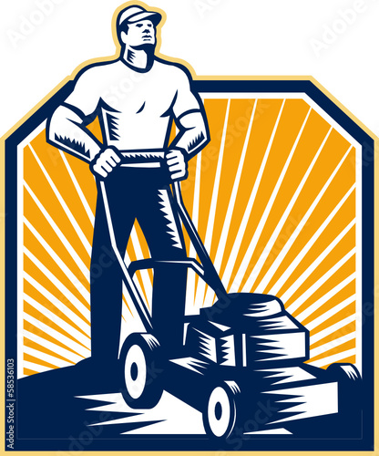 Gardener Mowing Lawn Mower Retro