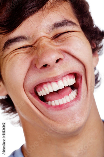 Happy laughing face closeup over white