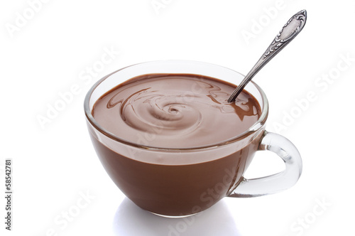 Cup of hot chocolate on a white background with reflection