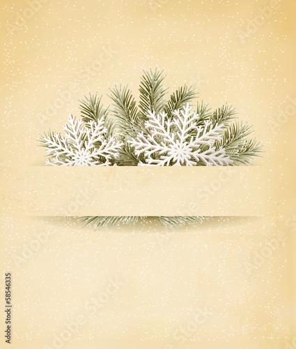 Christmas retro background with tree branches and snowflakeы. V