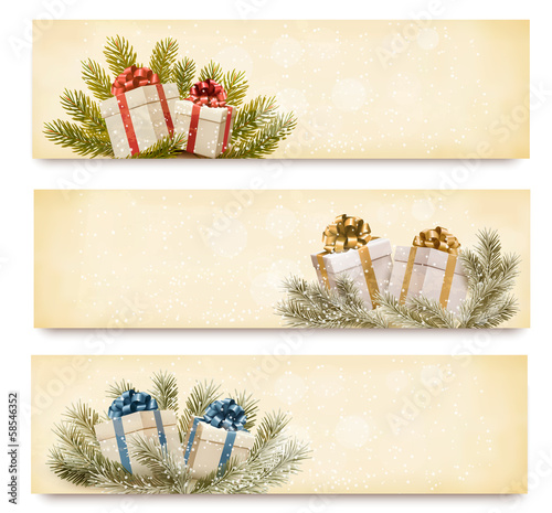 Three christmas banners with gift boxes and snowflake. Vector il