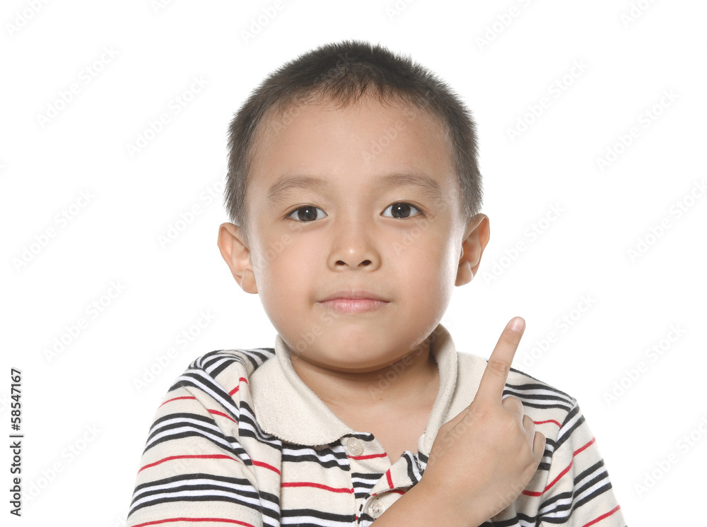 Little boy in round spectacles raising finger Little boy in round spectacles raising finger