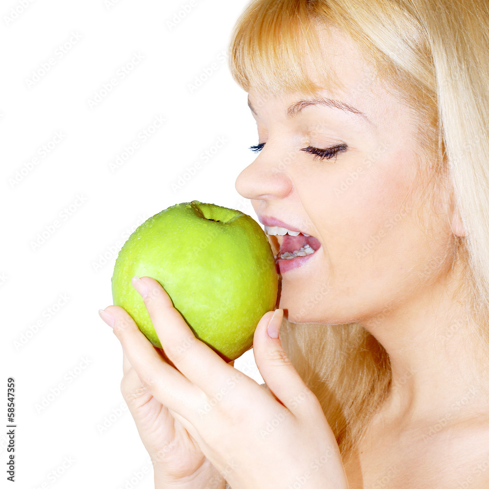 Female face and green juicy fresh apple.Stomatology.Concept Female face and green juicy fresh apple.Stomatology.Concept