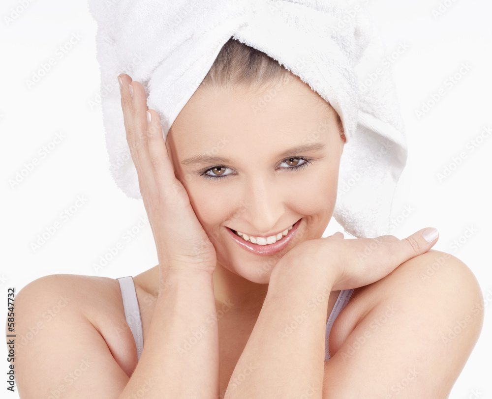 Beautiful Young Woman with Towel on her Head Smiling Beautiful Young Woman with Towel on her Head Smiling