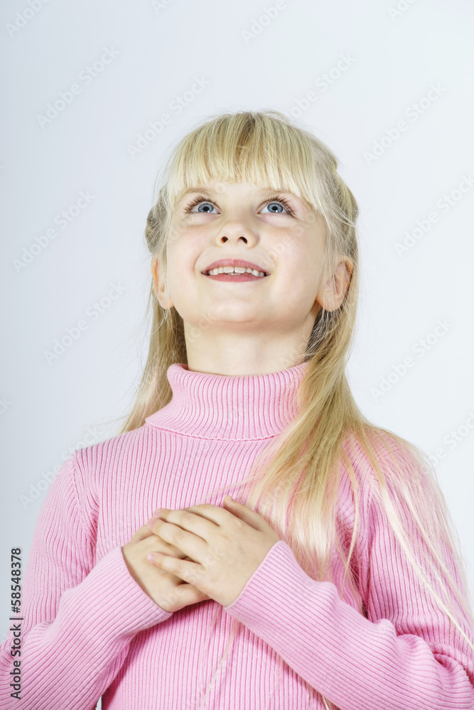 Cute little towhead girl waiting for miracle Cute little towhead girl waiting for miracle