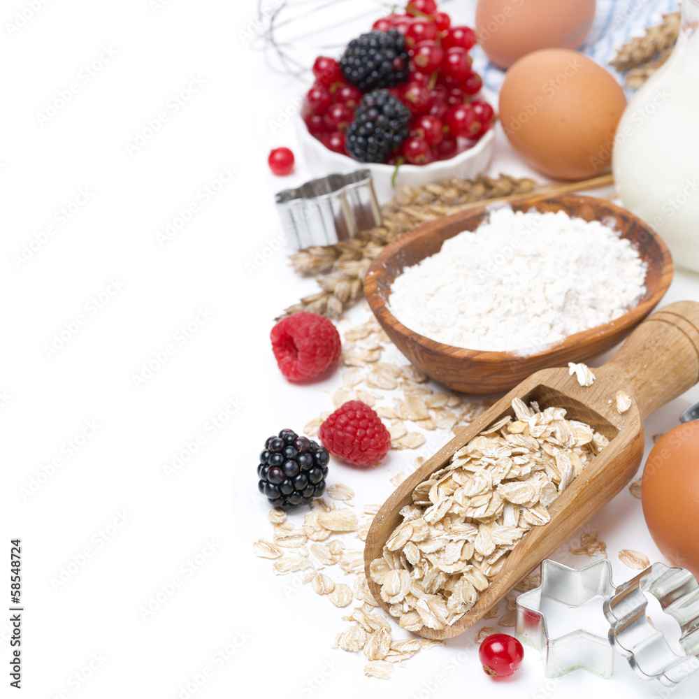 oatmeal, flour, milk, eggs and berries - ingredients for baking