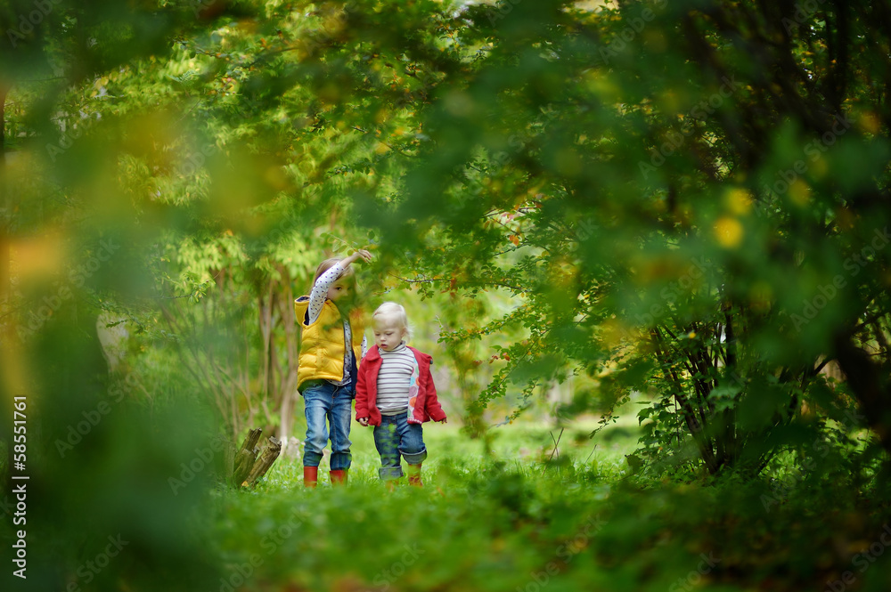 Fototapeta premium Two sisters playing outside on an autumn day