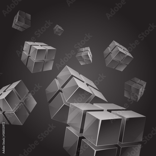 Flying gray transparent cubes abstract background