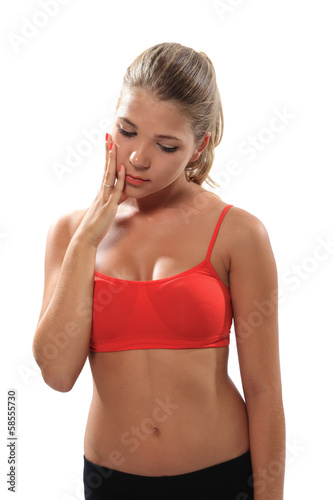 blond 20s girl pain gesture