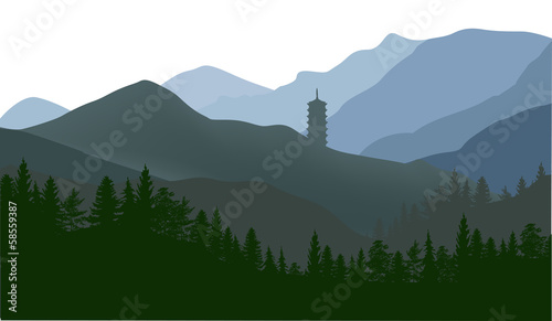 pagoda and forest in mountains