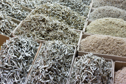 Valokuva Dried assorted anchovy fish for sell in market