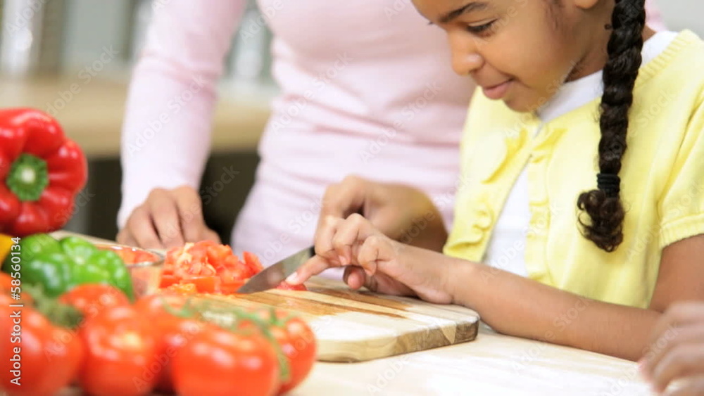 Close Up Ethnic Mother Daughter Preparing Food Kitchen Close Up Ethnic Mother Daughter Preparing Food Kitchen