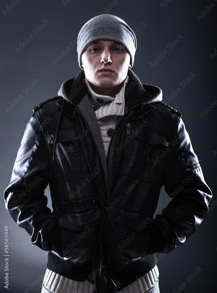 Scary hooligan young man in leather jacket Scary hooligan young man in leather jacket