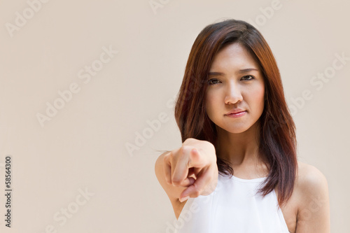 woman point finger at you, negative or angry mood, with space