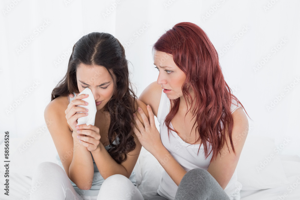 Woman consoling a crying female friend at home Woman consoling a crying female friend at home