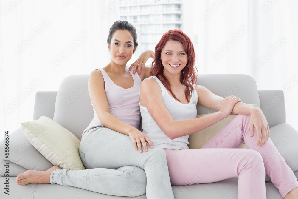 Two beautiful young female friends in living room