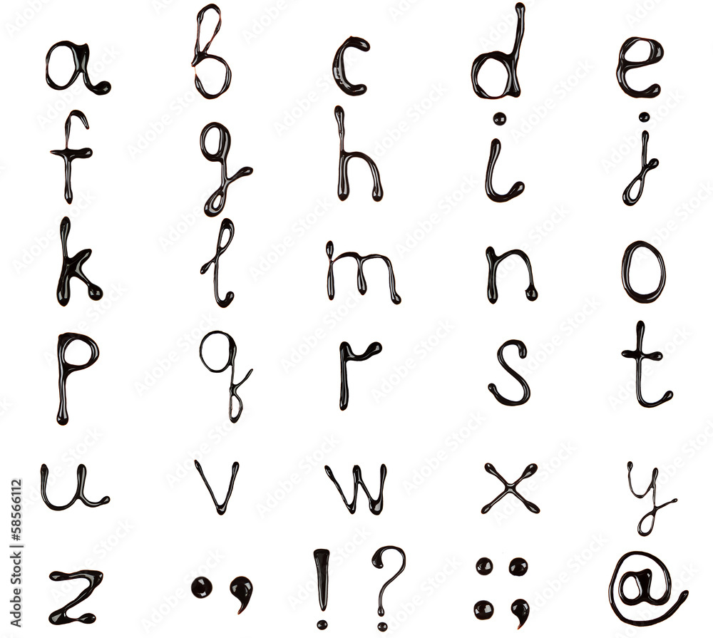 Alphabet written with chocolate syrup, isolated on white Alphabet written with chocolate syrup, isolated on white