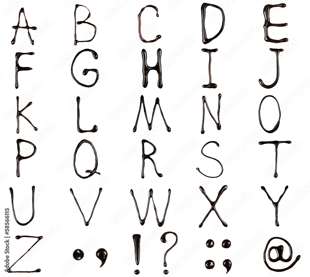 Alphabet written with chocolate syrup, isolated on white Alphabet written with chocolate syrup, isolated on white