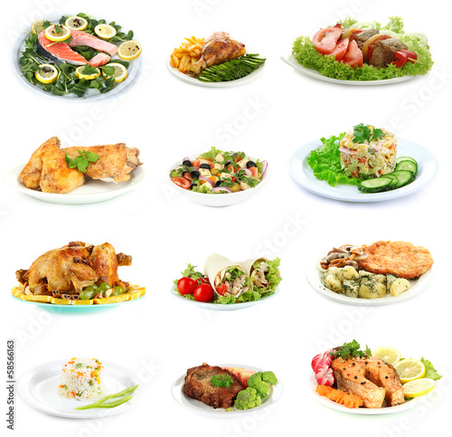 Collage of delicious dishes isolated on white