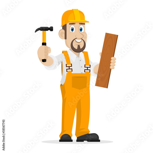 Builder holds hammer and wooden board