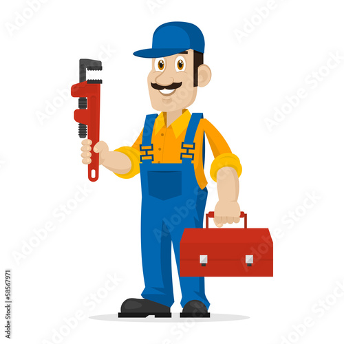 Plumber holds an adjustable spanner and suitcase