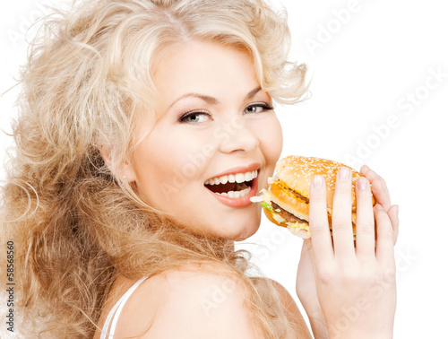 beautiful happy woman with burger